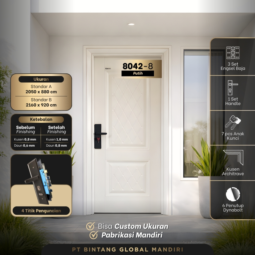 JR DOOR - (LUXURY SINGLE 8042) Full Set Pintu Utama Single Warna Coklat Pintu Kamar Tidur Baja Lengk