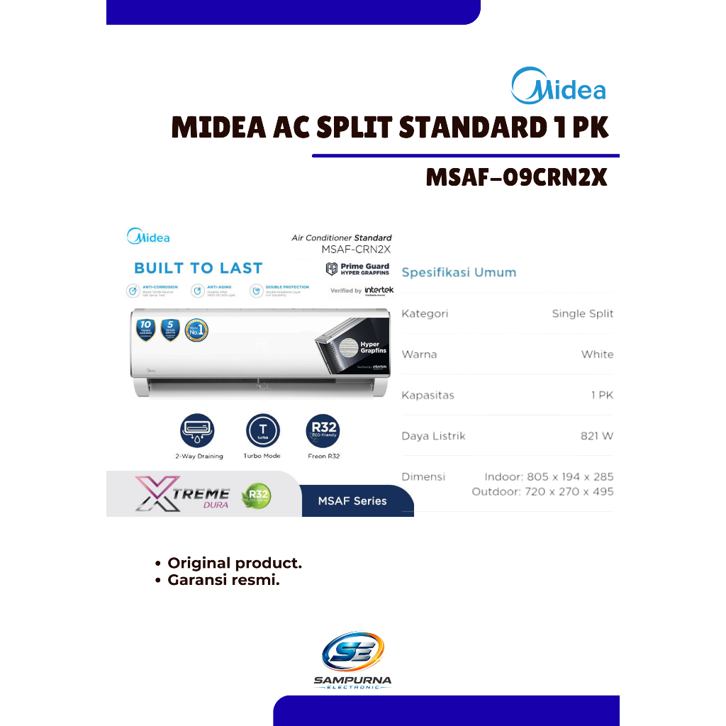 AC MIDEA MSAF-09CRN2X Standard Non Inverter AC Split 1 PK (Indoor & Outdoor)