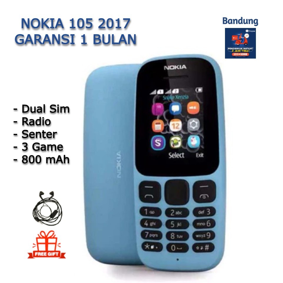 HP NOKIA 105 2017 BARU GARANSI 1 BULAN DUAL SIM RADIO SENTER GAME 800mAh