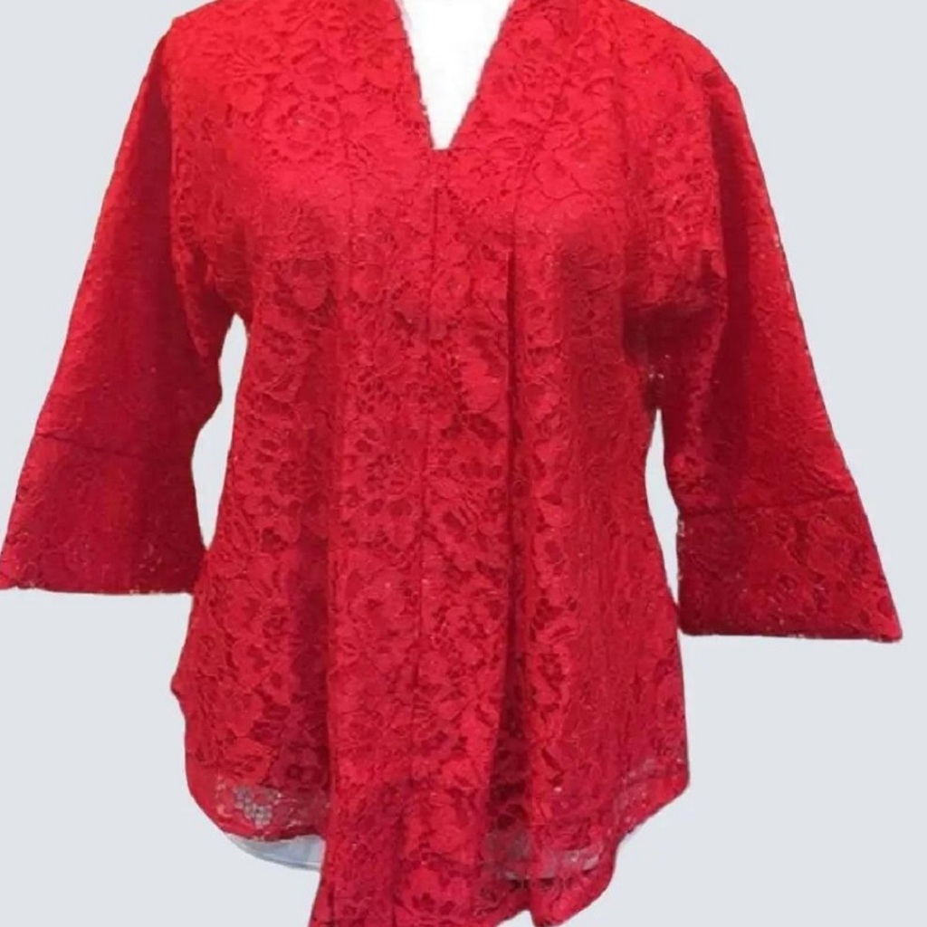 Atasan Kebaya Wanita Model Kutu Baru Bahan Brokat Full Puring Warna Merah