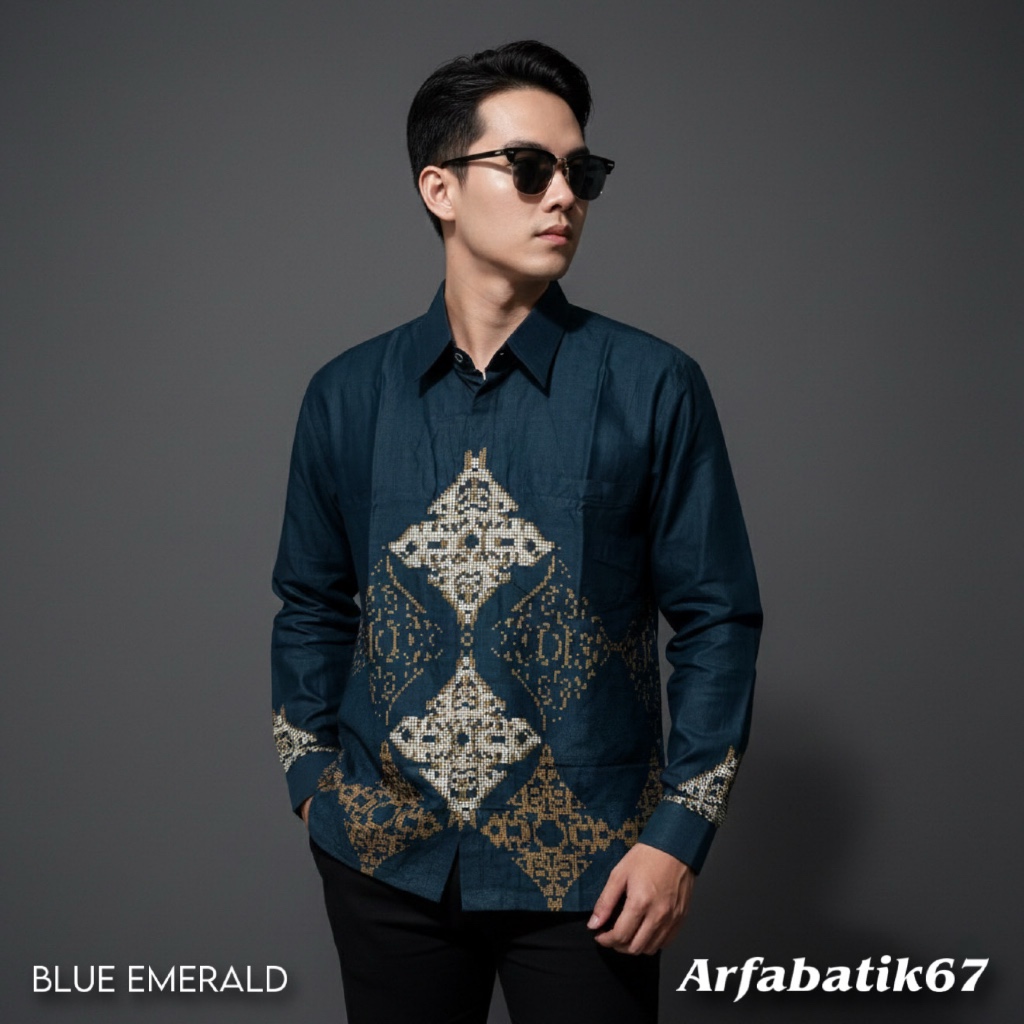 OCTAGON BLUE EMERALD Kemeja batik pria lengan panjang dan lengan pendek katun pria premium lapis fur