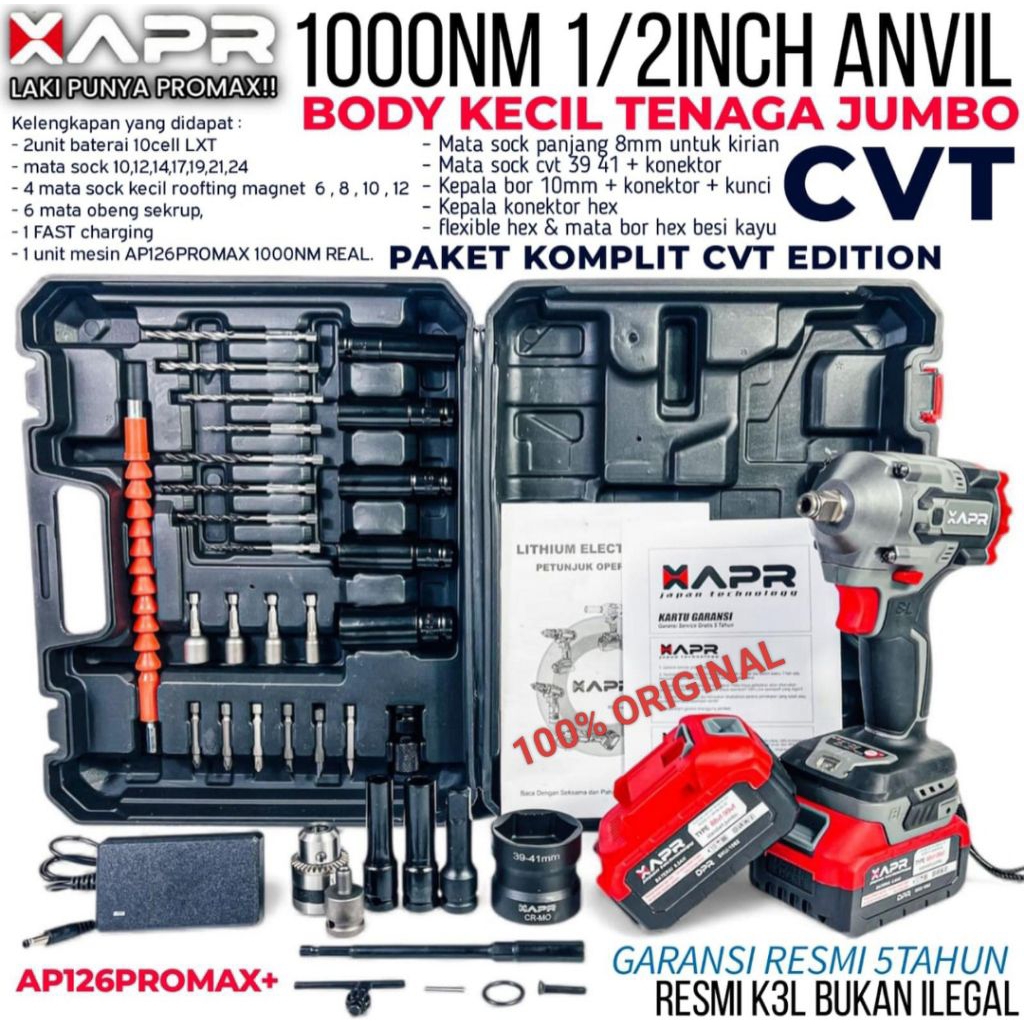 #Bor Impact Wrench 1000NM 88vf 2 Baterai XAPR Japan Technology AP126PROMAX+