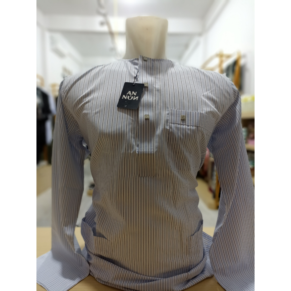 AN-NUN Koko Pria Lengan Panjang Motif Salur Elegan