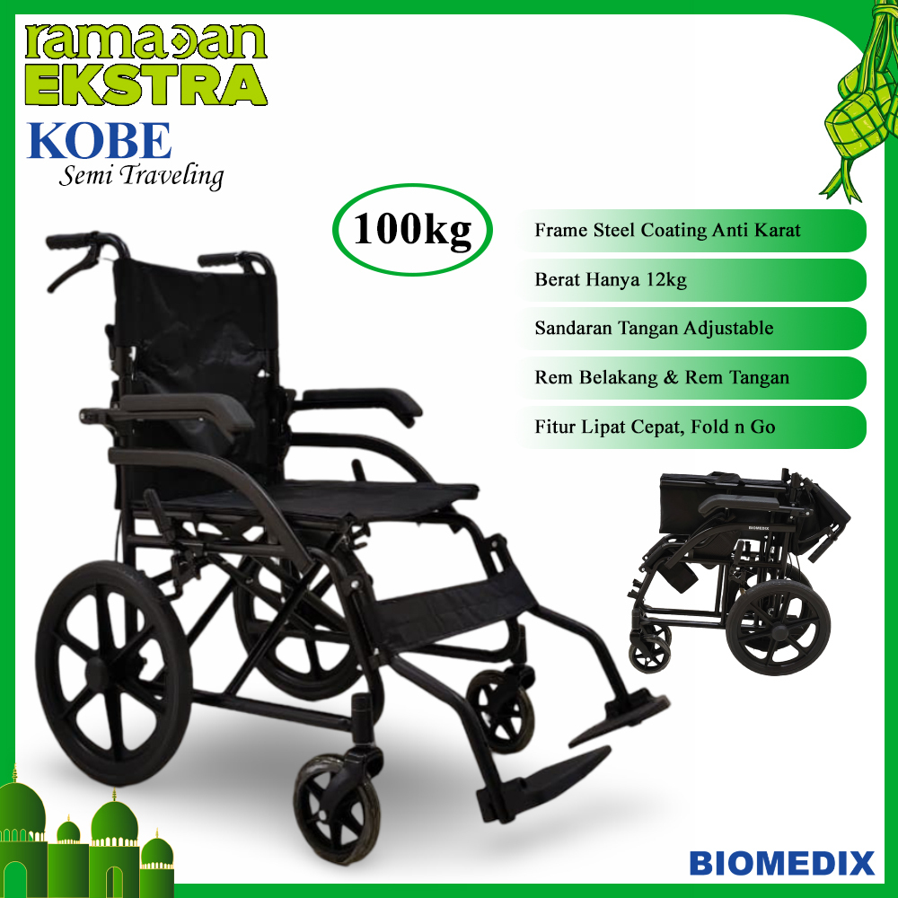 Biomedix Kobe Kursi Roda Lipat Ringan Traveling Dewasa Anti Karat Velg Racing Maks Beban 100kg