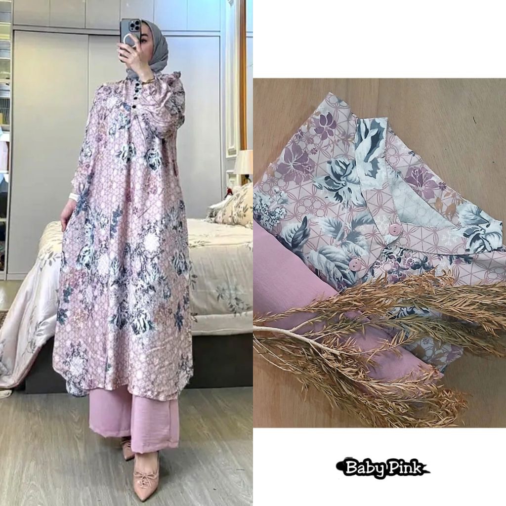 Setelan Long Tunik Rayon Motif Terbaru Busui One Set Tunik Panjang Rayon Kombinasi Crinkle Kekinian 