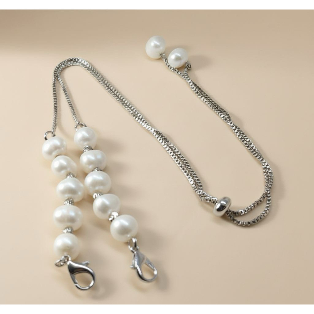 Aksesoris Perhiasan Konektor Connector Hijab Masker Rantai Serut Rhodium Lapis Emas 18 Karat Mutiara