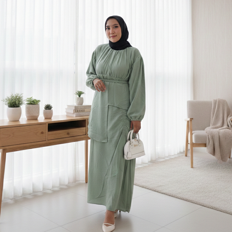 Rea Gamis Syari Wanita Bahan Crincle premiun Tangan balon Jumbo kekinian