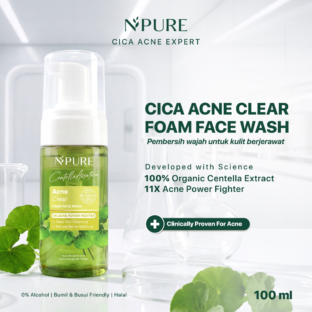 NPURE Cica (Centella) Facial Wash 100 ml / Facial Foam / Anti bakteri jerawat / Non-acnegenic / Anti
