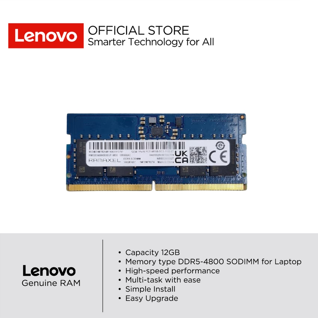 Lenovo Genuine RAM 12GB DDR5-4800 SODIMM Komponen Original untuk Upgrade Memori Laptop Garansi Resmi