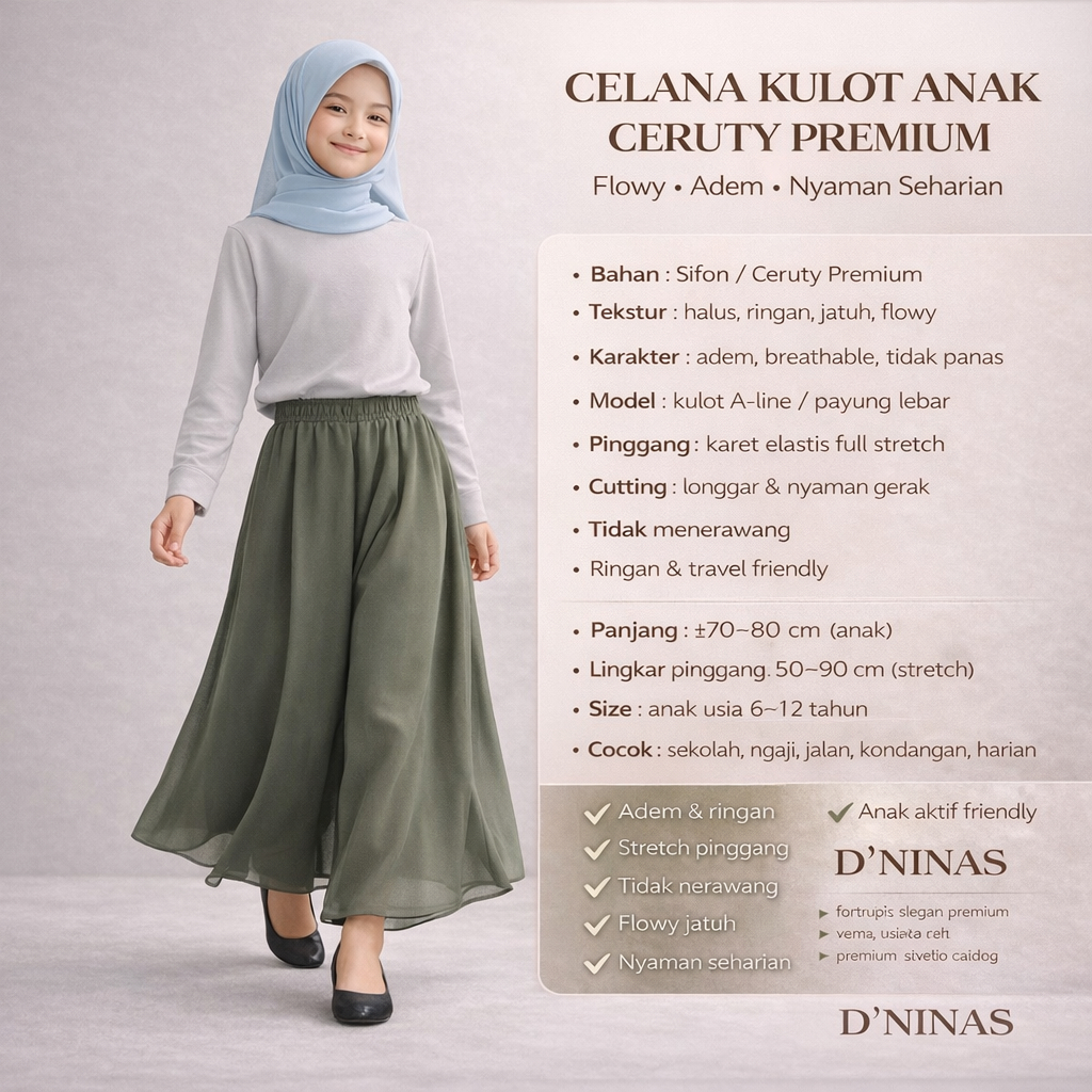 Kulot Anak Perempuan Panjang Umur  6 8 10 12 tahun  Model Payung Lebar Sifon Ceruty Pants