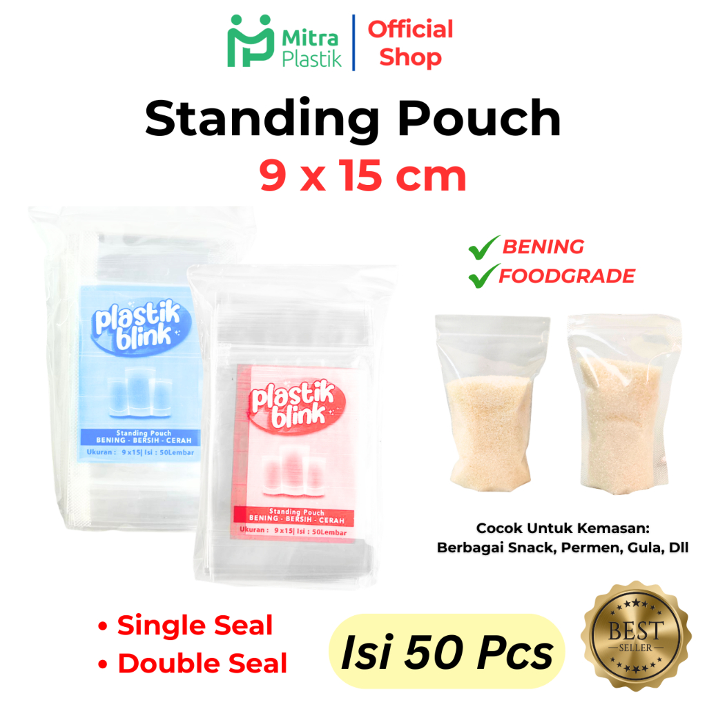 Standing Pouch 9x15 isi 50 pcs Plastik Klip Berdiri 9 x 15 Single Double Seal Biasa Seal Lebar Snack
