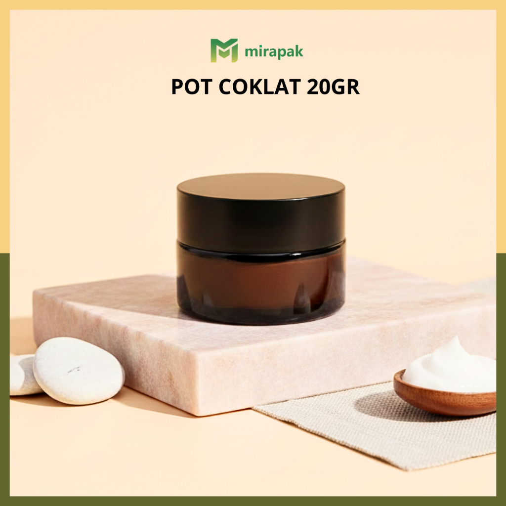 POT KRIM 20GR COKLAT KACA TEBAL - TUTUP HITAM - JAR KRIM WADAH CREAM SKINCARE KOSMETIK - PC20 CPB20