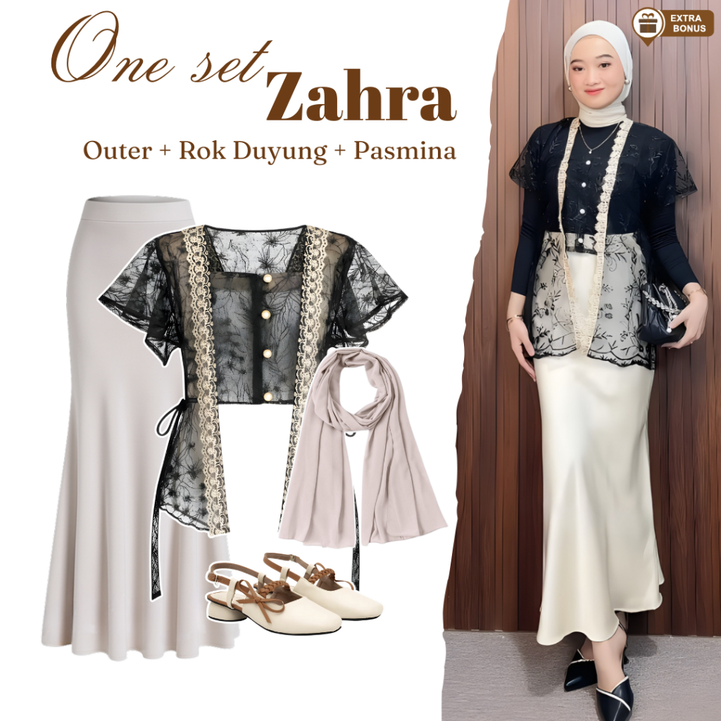 Oneset One set 3in1 setelan wanita outer brukat bruklat tile rok duyung memaid flare skirt hijab pas