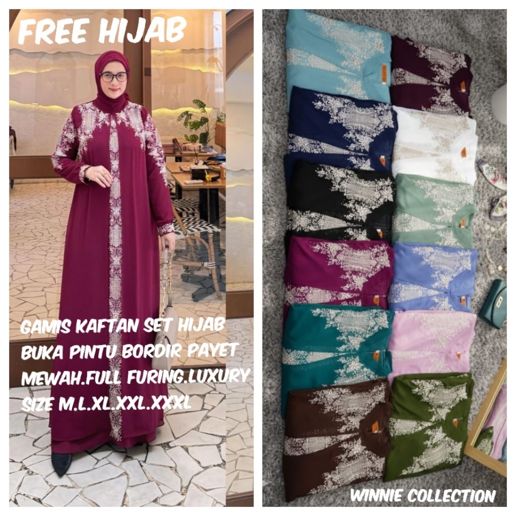 Gamis Kaftan SET HIJAB Ceruty Babydoll Grade A Bordir Swaroszky free Jilbab segi4 full furing (flowy