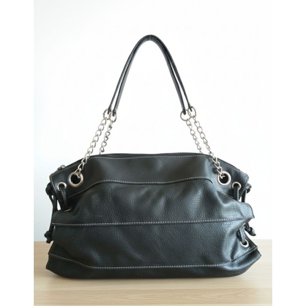 Tas Tangan Wanita Hitam Elegant Hobo Bag / Shoulder Bag Aksen Rantai Silver