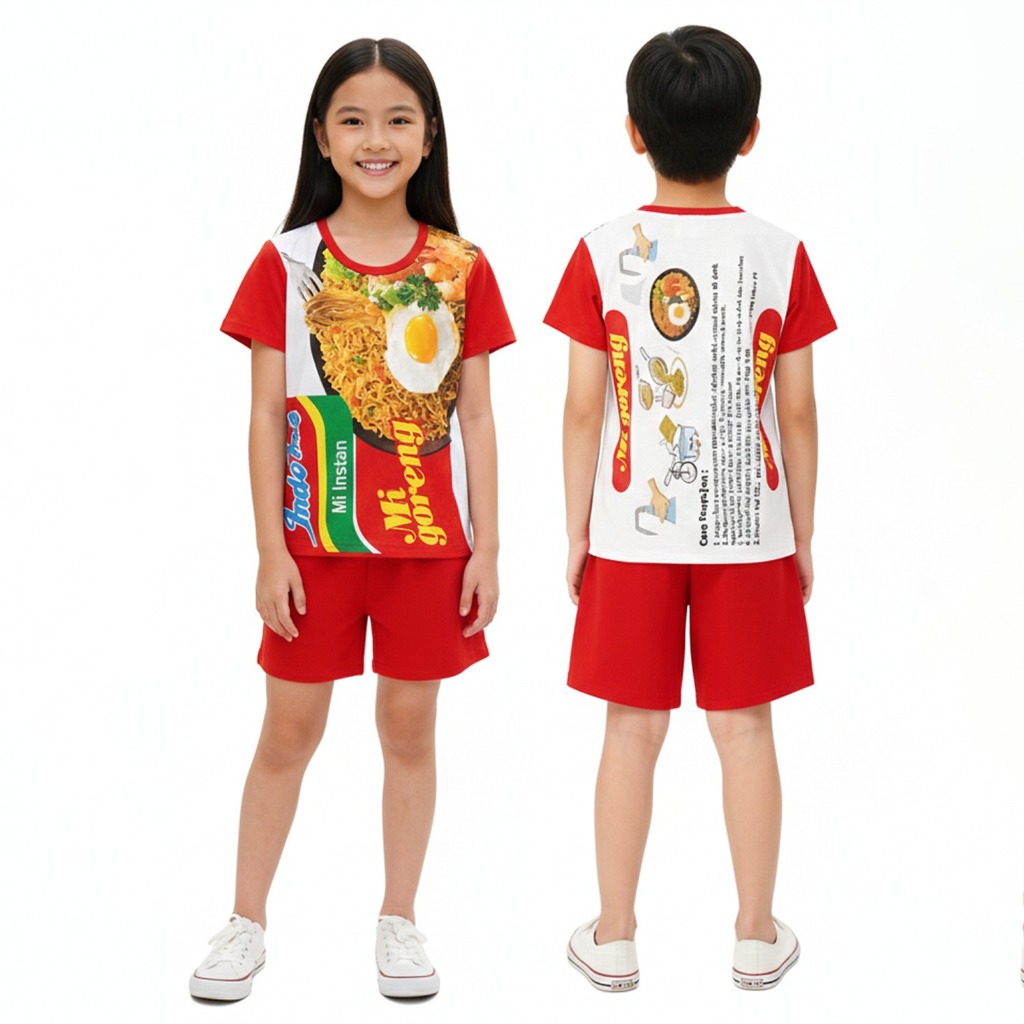 Setelan Baju Anak Laki-Laki Dan Perempuan Unisex 1-8 Tahun Motif Viral Indomi Chitato Ultramild Soto