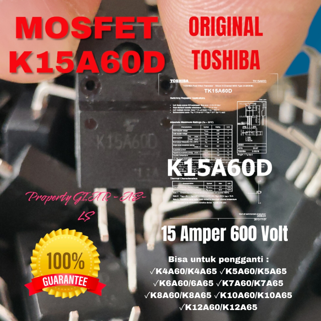 TRANSISTOR FET K15A60D 15 AMPER 600VOLT PENGGANTI 4N65 4A65 7N65 7A65 7A60 10N65 10A65 10A60 12N65 1