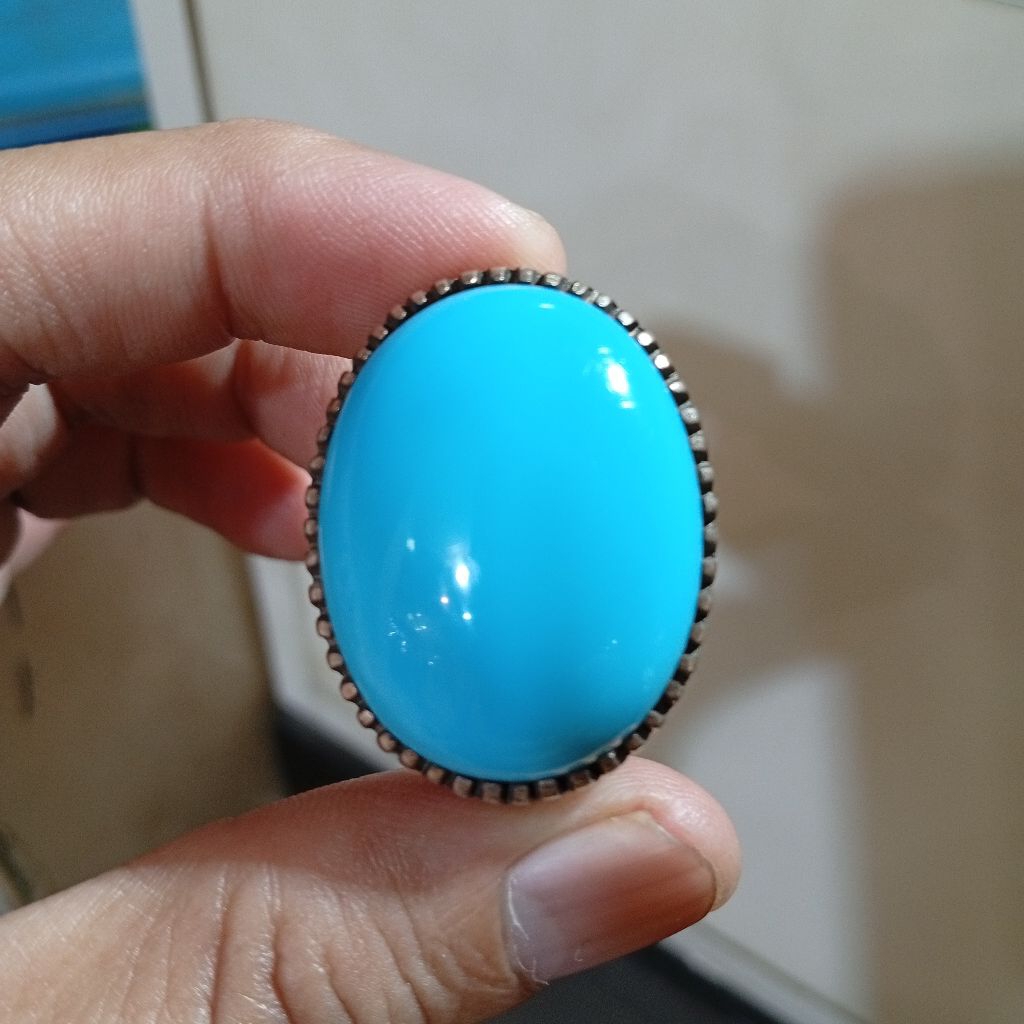 Batu Pirus Persia Natural Blue Turquoise Tanpa Urat ring perak Handmade