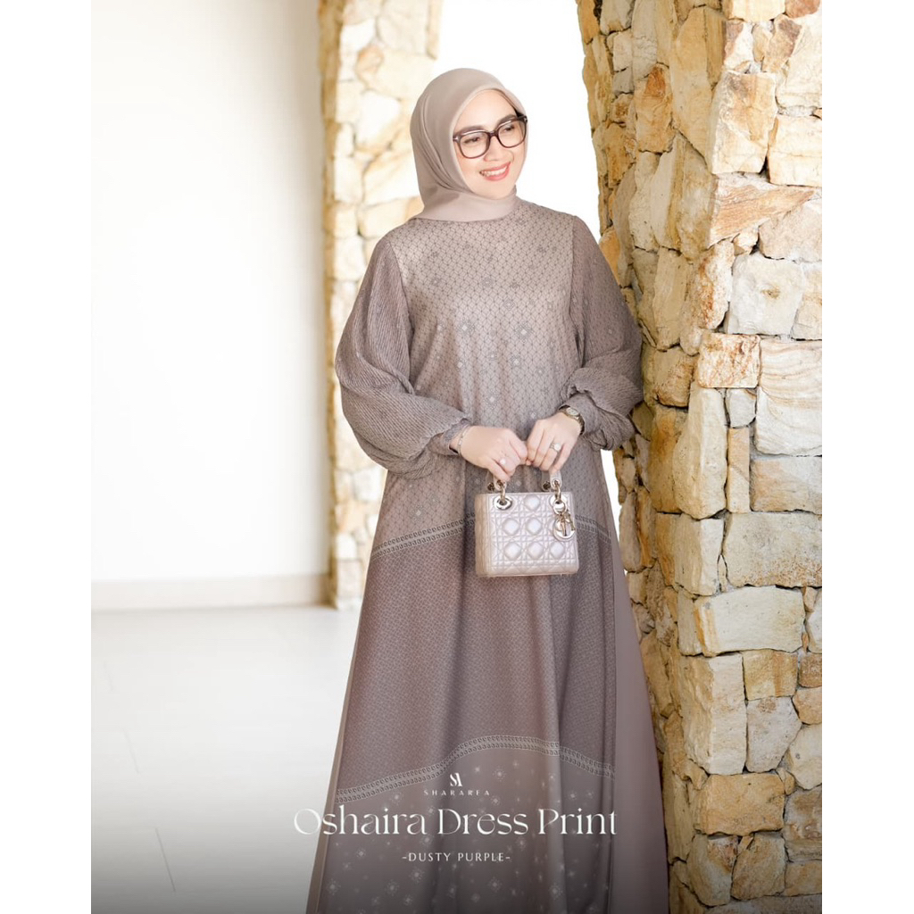 Oshaira Dress Print by Shararea | Gamis Print Casual Lengan Balon Baju Lebaran Kondangan