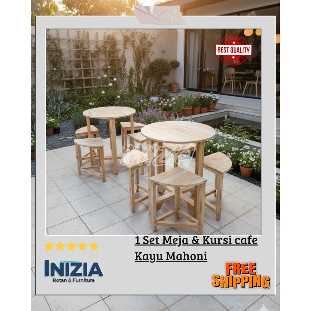 ( Diameter 100cm) 1 set Meja kursi cafe kayu mahoni 1 meja 4 kursi