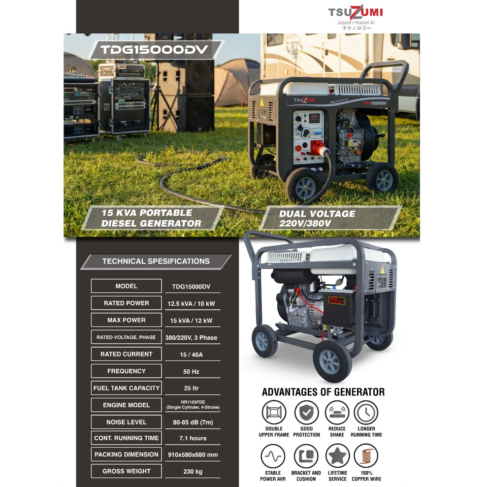 Tsuzumi Genset Solar 15 KVA 12 Kw 380 Volt Tsuzumi TDG15000DV