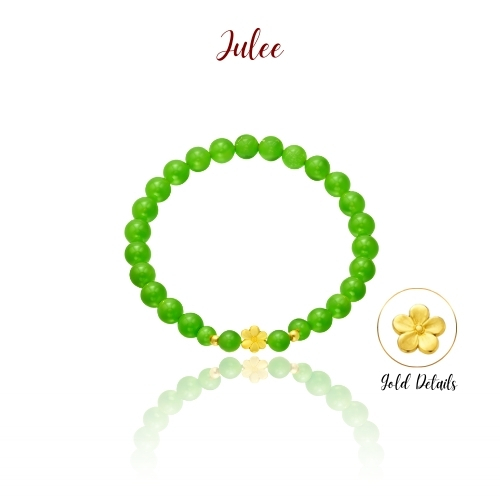 JULEE [Emas 24K] Gelang Keberuntungan Giok Hijau Emas 24K Bunga untuk Wanita | Perhiasan Emas Murni 