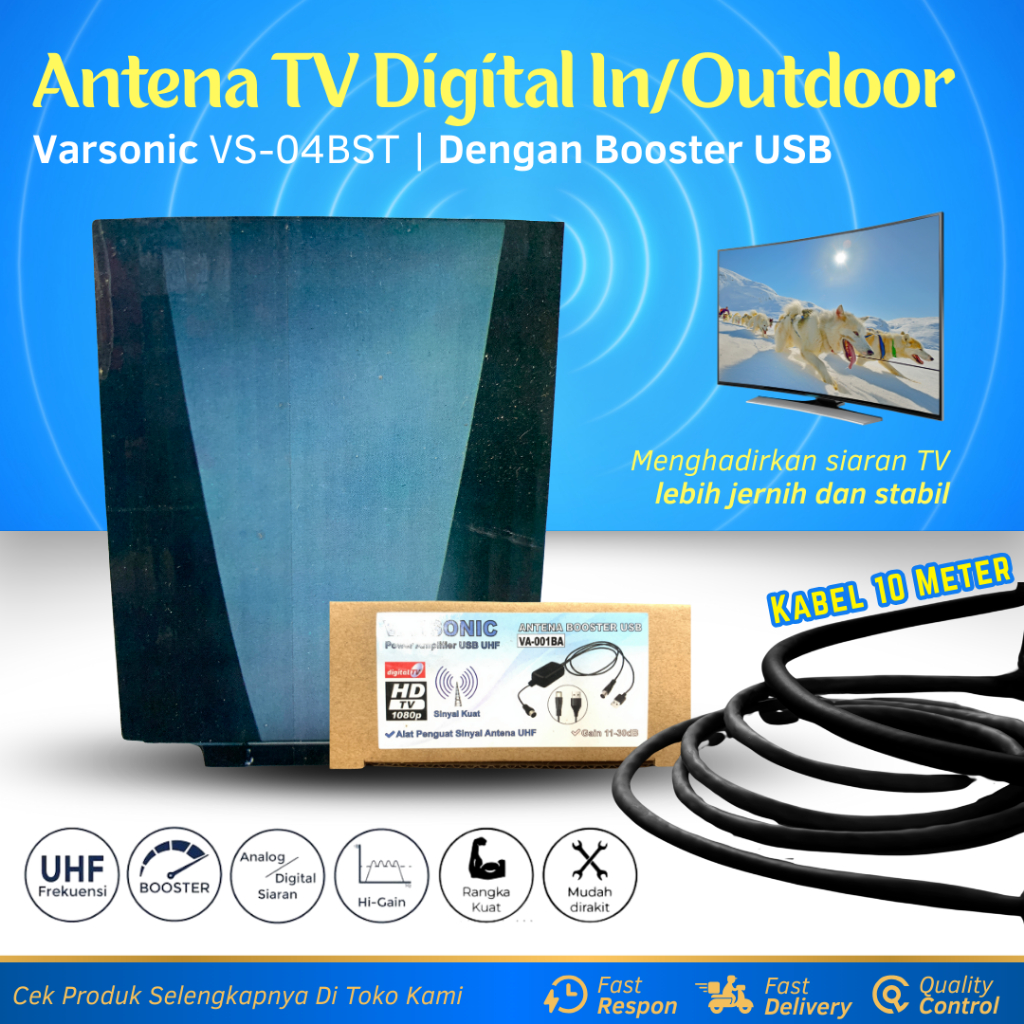 Varsonic Antena TV Digital & Analog Indoor Outdoor VS-04BST Boster USB 10 Meter Kabel HD DVB Support