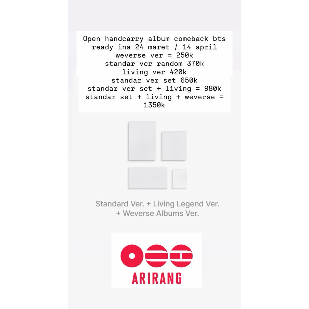 PO Handcarry Album Arirang BTS maret/april