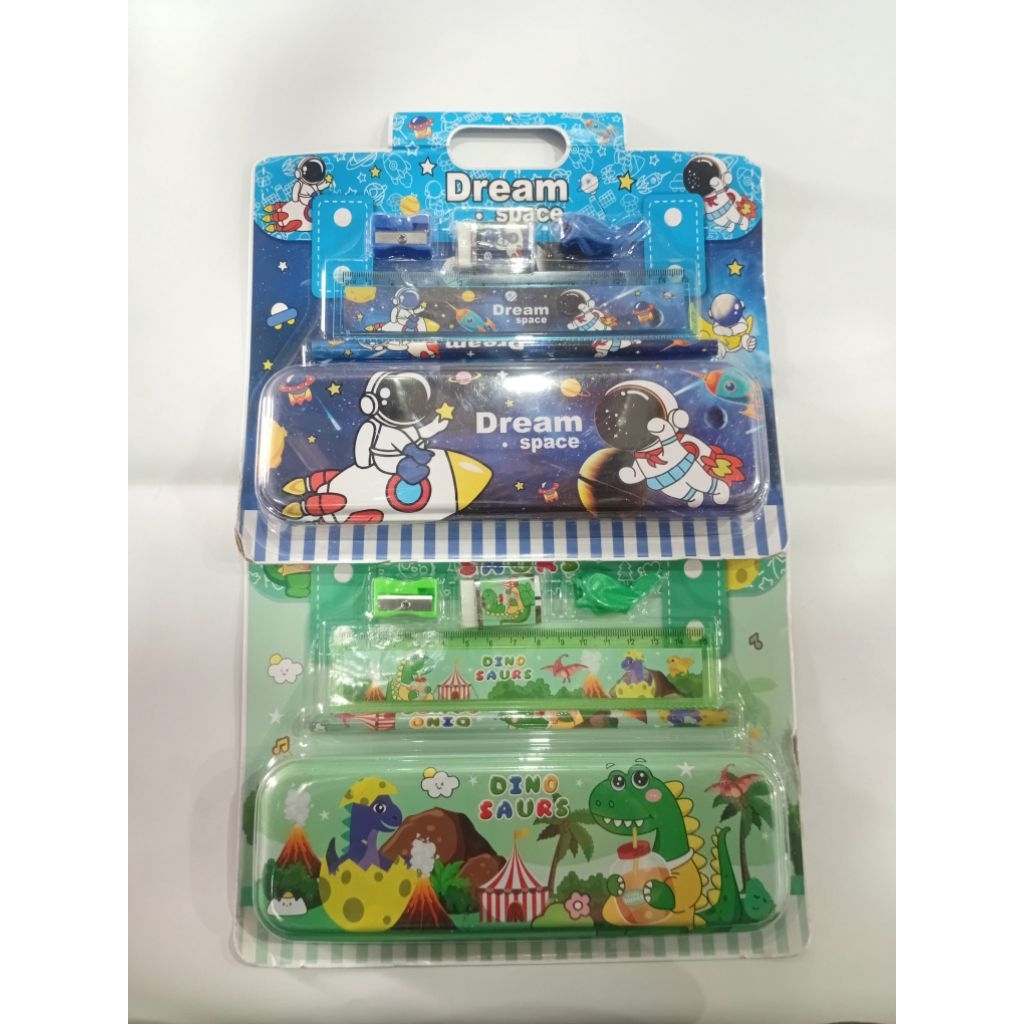 Study Set Paket Alat Tulis Karakter Astronot Dinosaurus Panda Unicorn 9921 dengan Kotak Pensil Lucu 