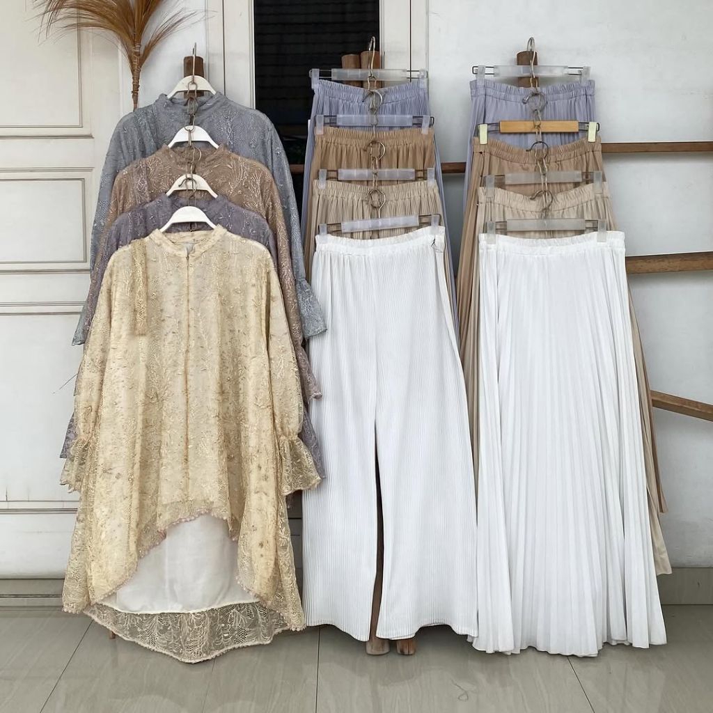 SET FILLY Wanita Tunic Brokat Kulot Rok Payung