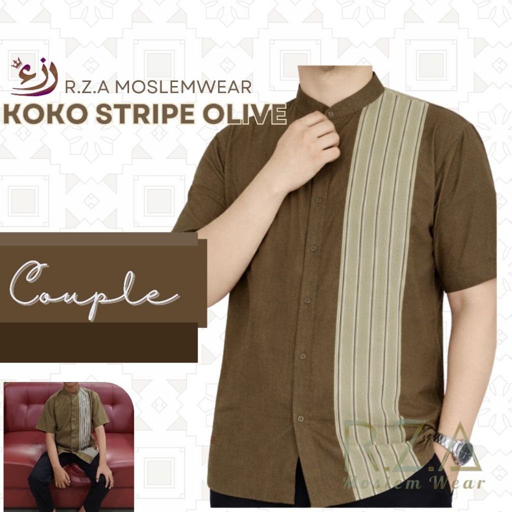Kemeja Koko Olive Stripe Zaitun Dewasa Anak Couple Ayah Warna Hijau Olip Pendek Polos Sarimbit Jumbo