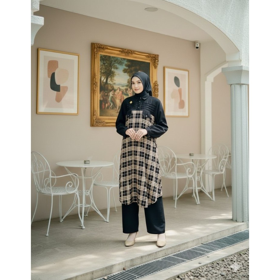SETELAN WANITA MUSLIM TUNIK PANJANG + CELANA KULOT RAYON ADEM KEKINIAN TERBARU
