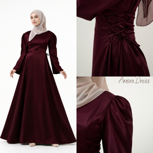 Selin Dress Satin Silk Premium Special Coklat Tua Burgundy Dress Wanita Kondangan Wisuda Muslimah Le