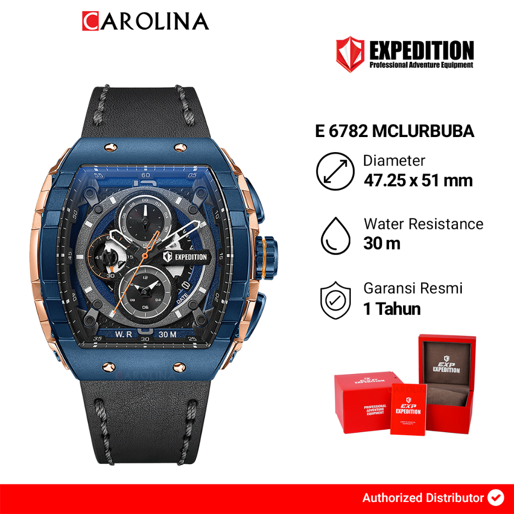Jam Tangan Pria Expedition Exp Chronograph E 6782 MCLURBUBA Blue Dial Black Leather Strap