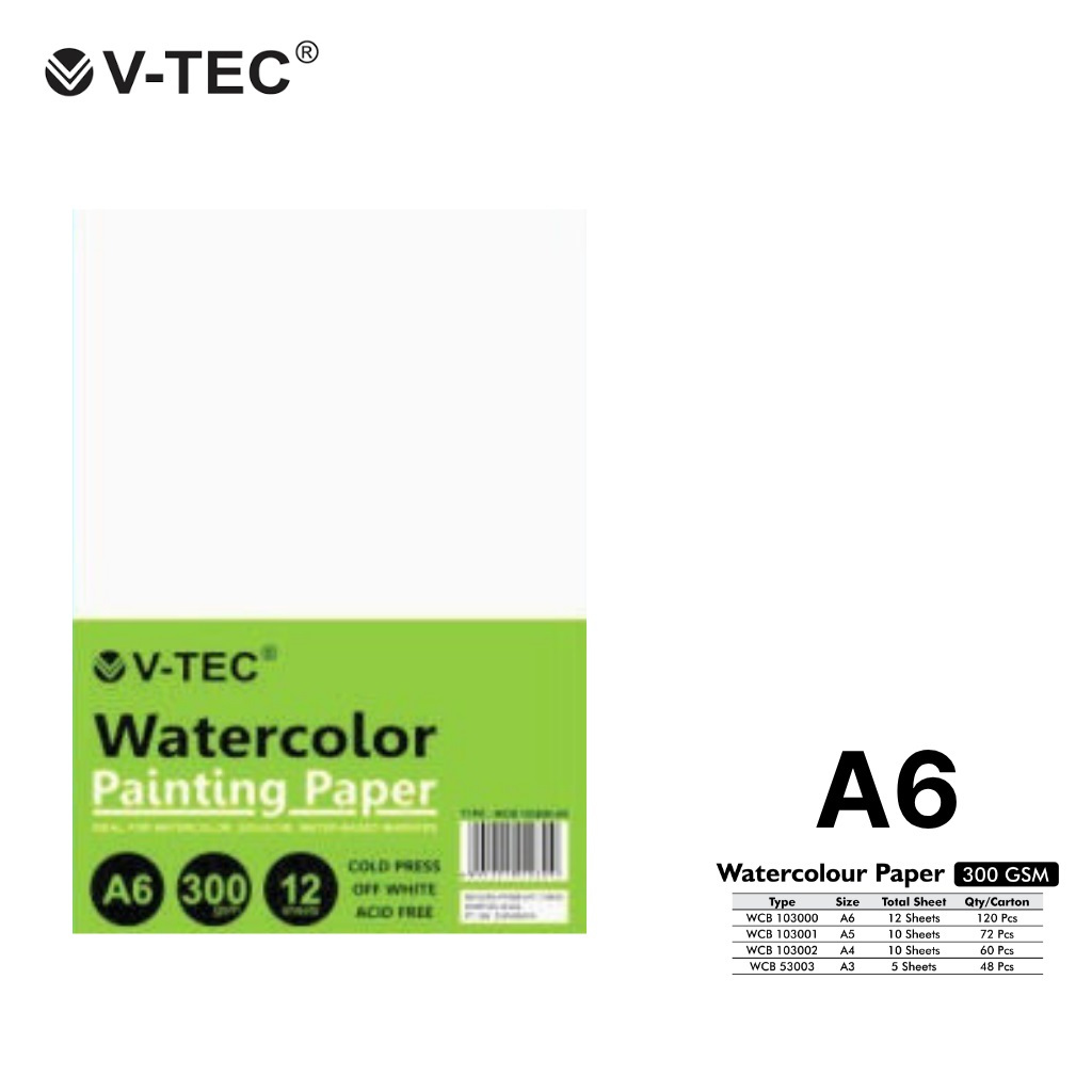 WATERCOLOR PAINTING PAPER / KERTAS GAMBAR LUKIS WATERCOLOR / WATERCOLOUR PAPER A6 V-TEC WCB103000