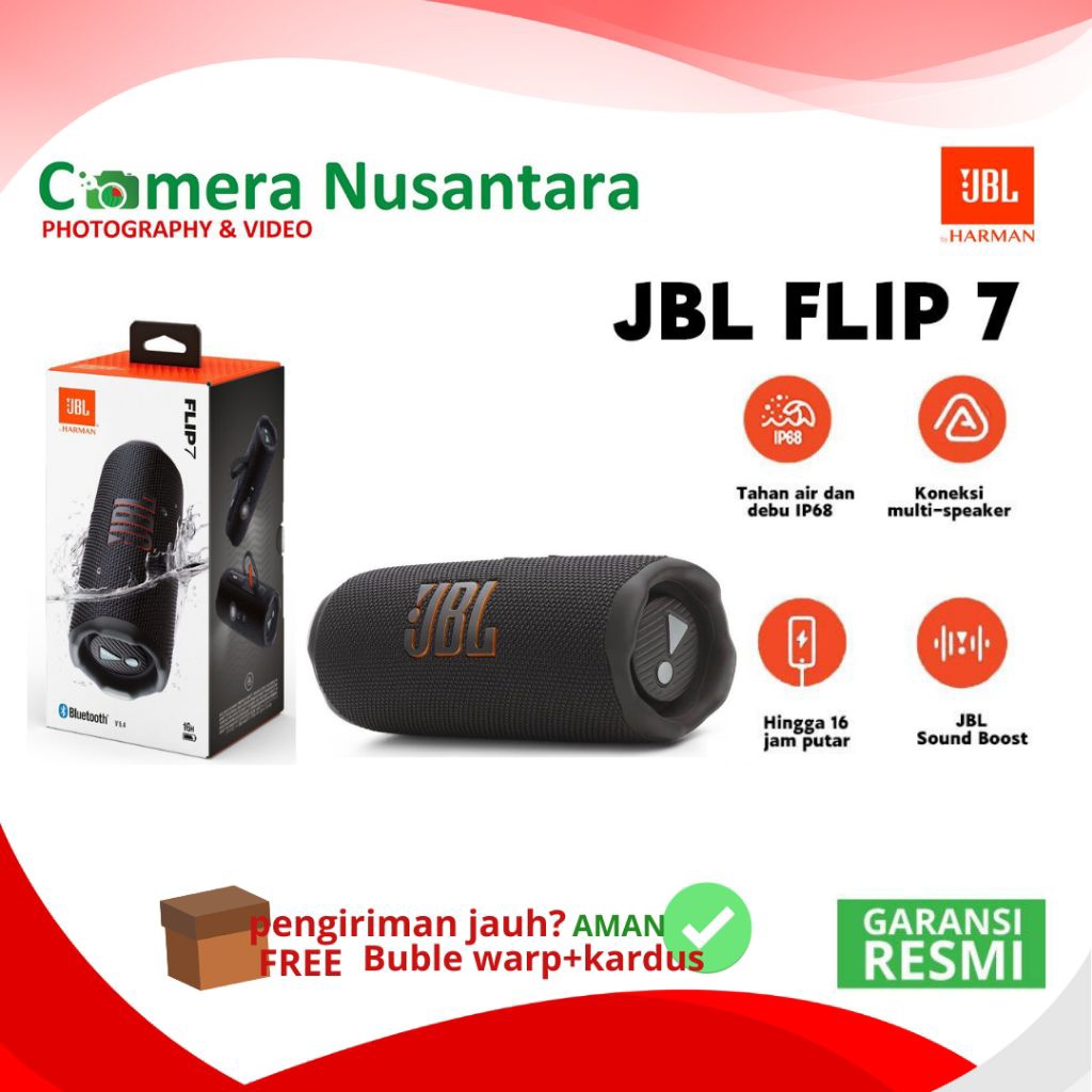 JBL Flip 7 - Portable Bluetooth Speaker Waterproof IP68, Bass Kuat, Hitam