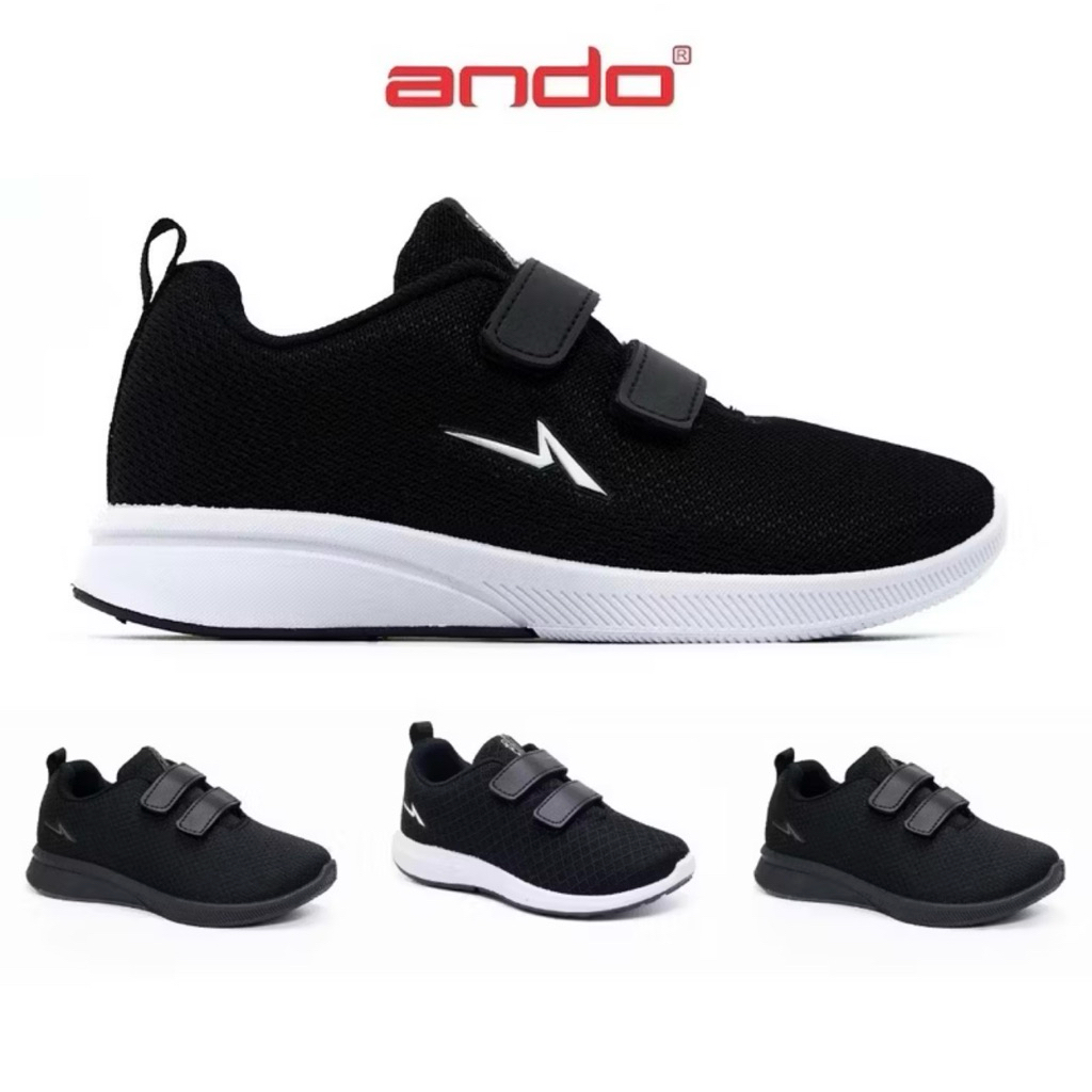 SEPATU ANDO HITAM PUTIH SEPATU SEKOLAH PEREKAT & TALI MODEL TERBARU MASA KINI