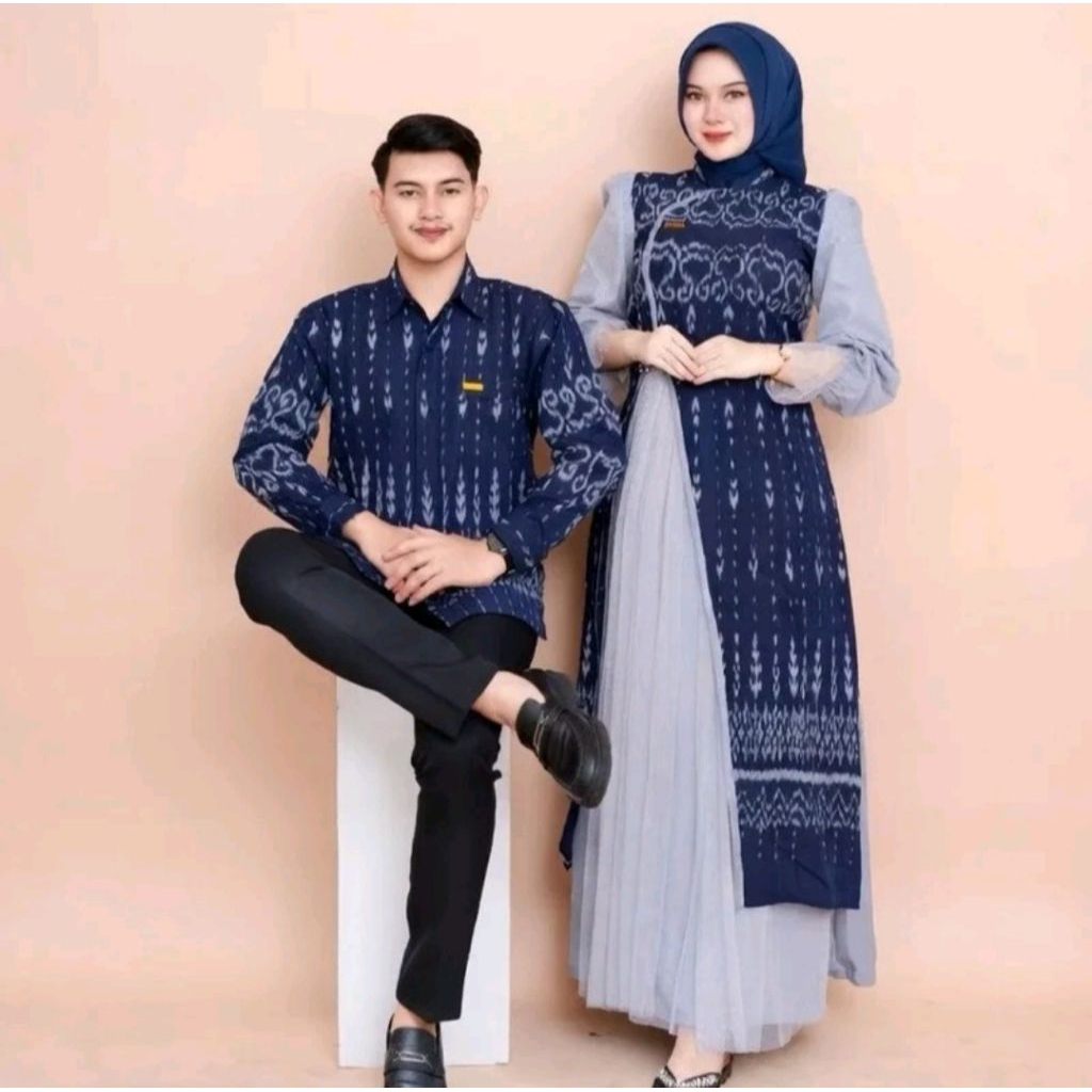 setcouple new raina series navy baju couple keluarga kemeja dewasa gamis wanita dan kemeja anak