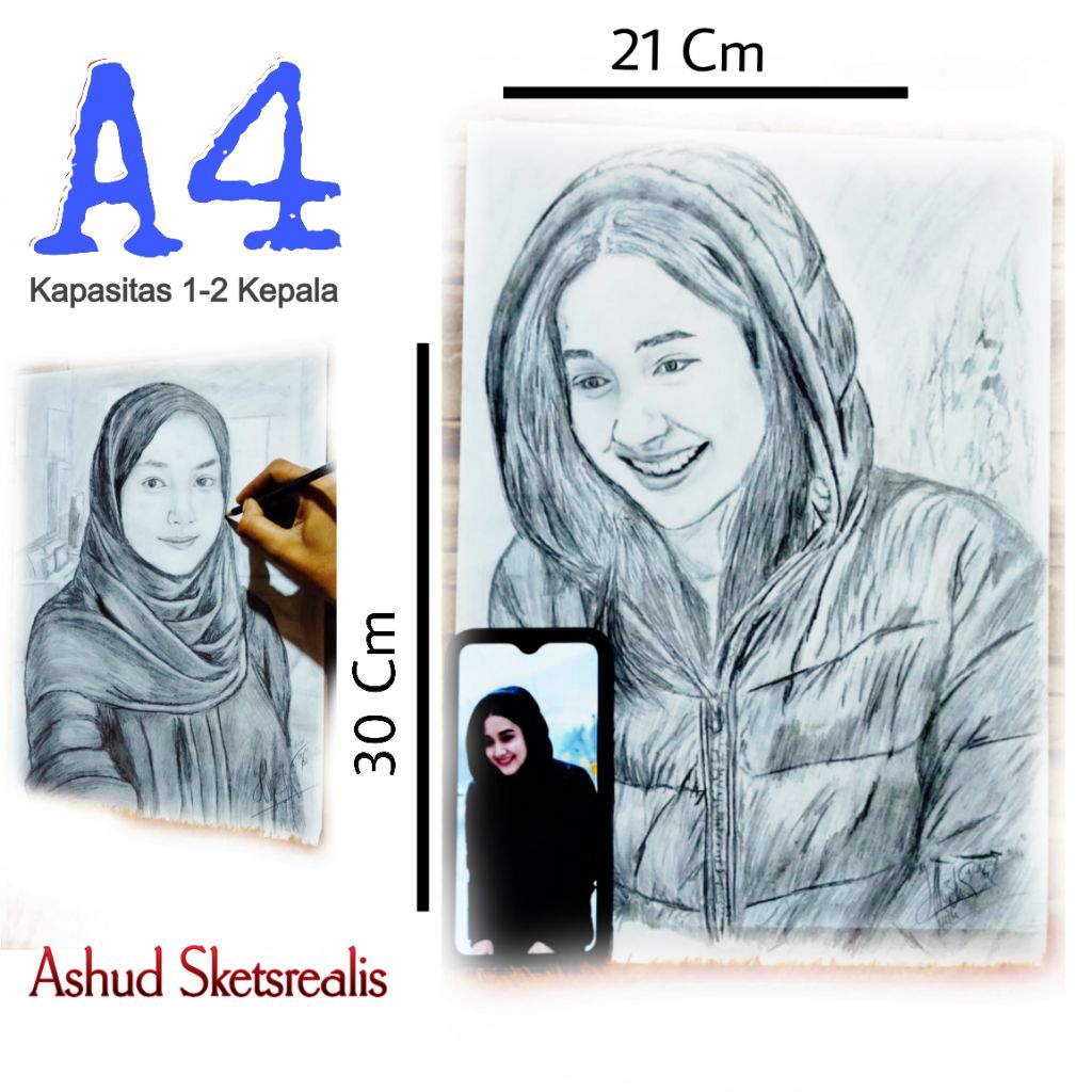 Custom A4 Lukis sketsa wajah realistic arsir pensil Hitam putih (21x30cm)