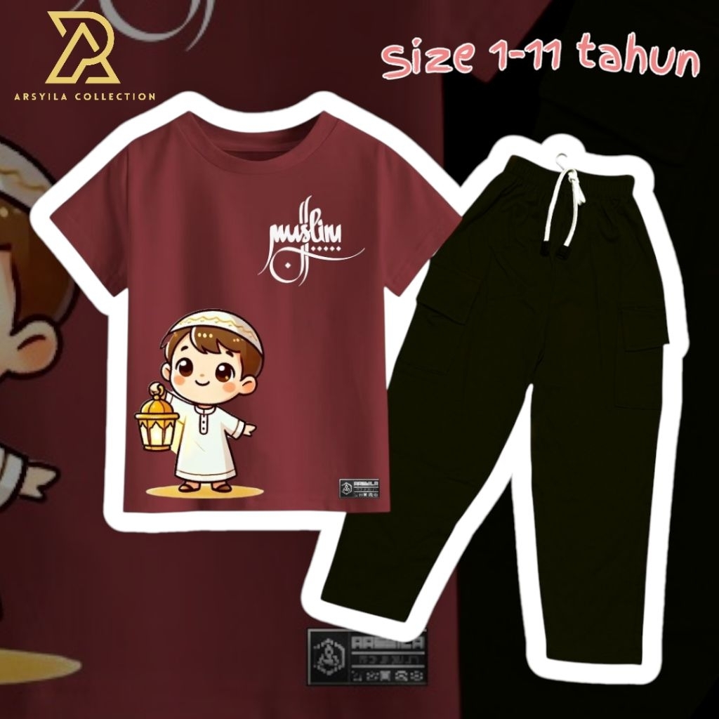 Setelan Anak Laki - Laki Muslim - Baju Anak Laki-Laki Koko Muslim Celana Cargo Panjang