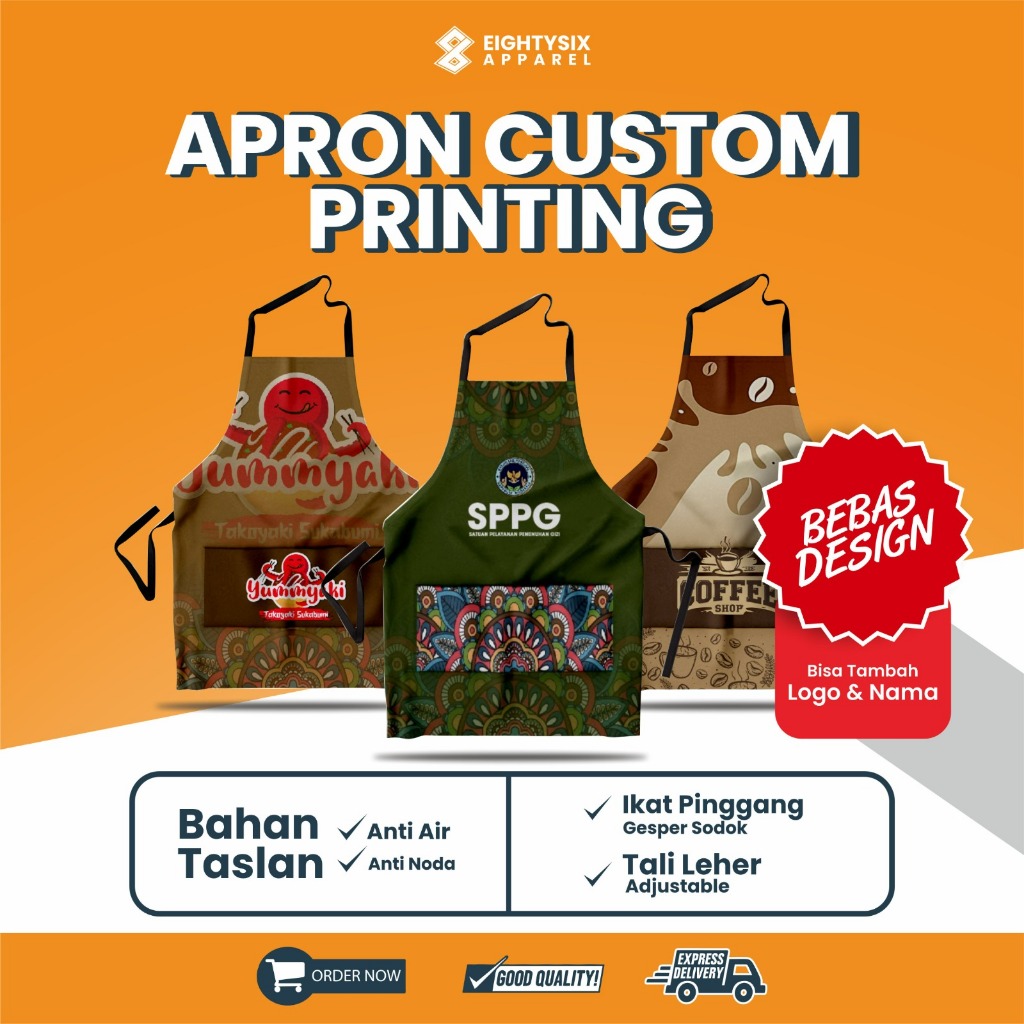 Apron / Celemek Custom Full Printing Taslan Tebal Premium – Anti Air Minyak & Anti Noda – Bisa tamba