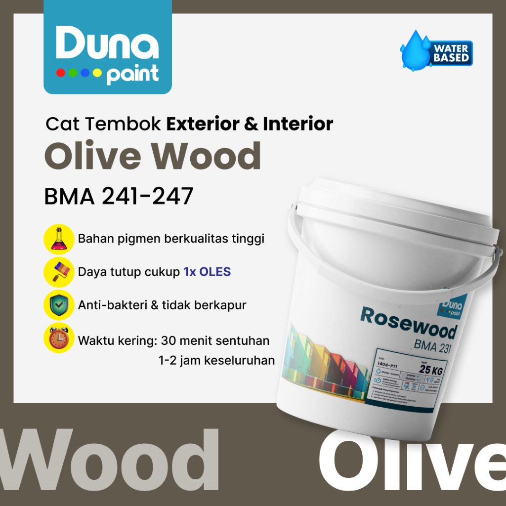 Duna Paint Cat Tembok Rumah Interior Eksterior – Pilihan Warna Lengkap 25 Kg Variasi Rosewood - Oliv