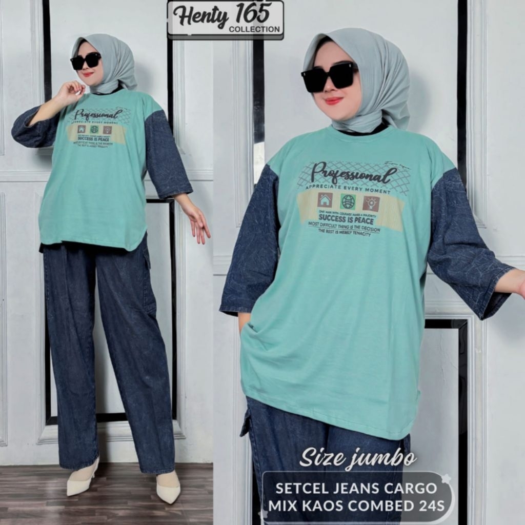 Set celana cargo combad mix jeans oversize jumbo XXL wanita