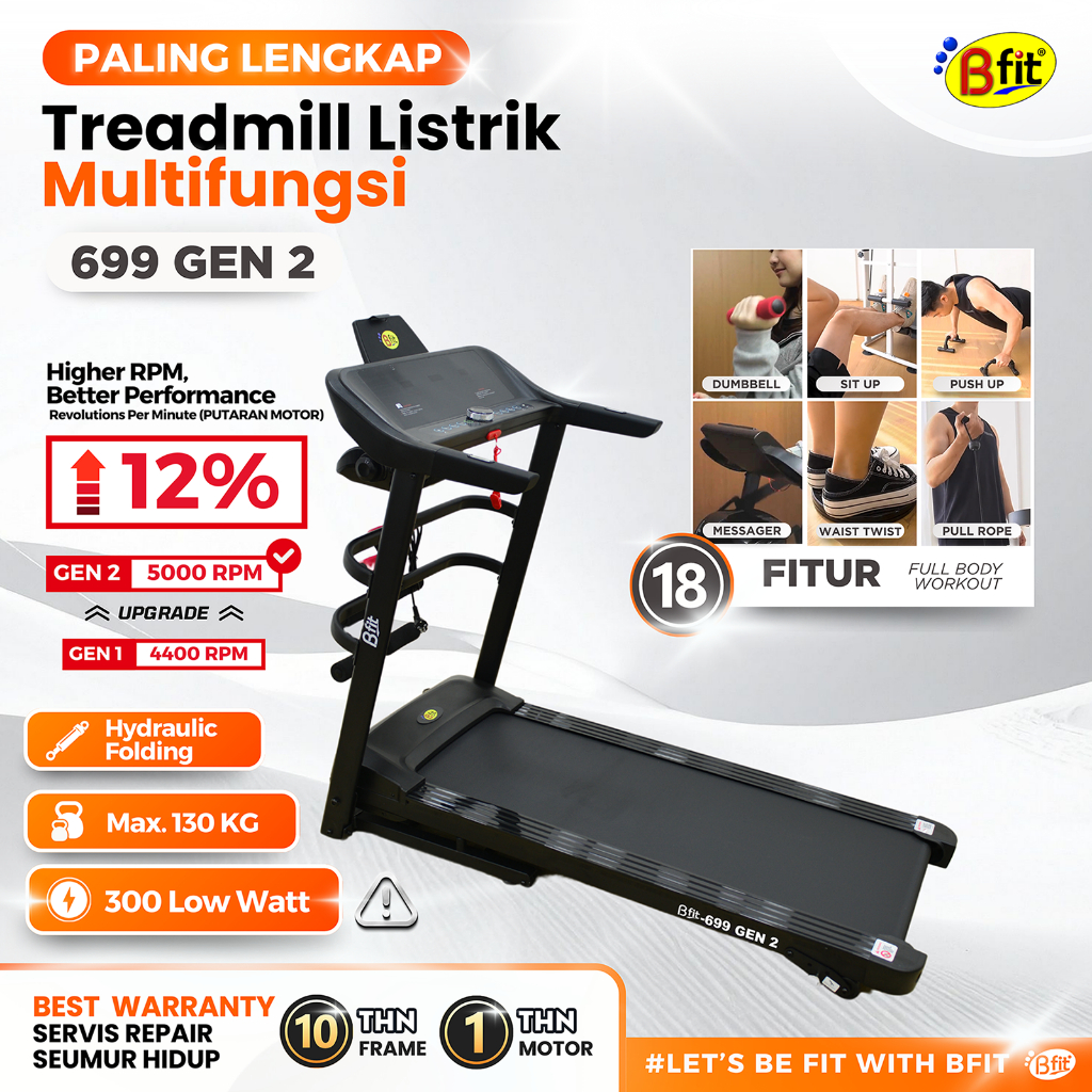 (SEMARANG) Treadmill Elektrik BFIT 699 Multifungsi Murah Listrik Lipat Portable Low Watt Fitness Gym