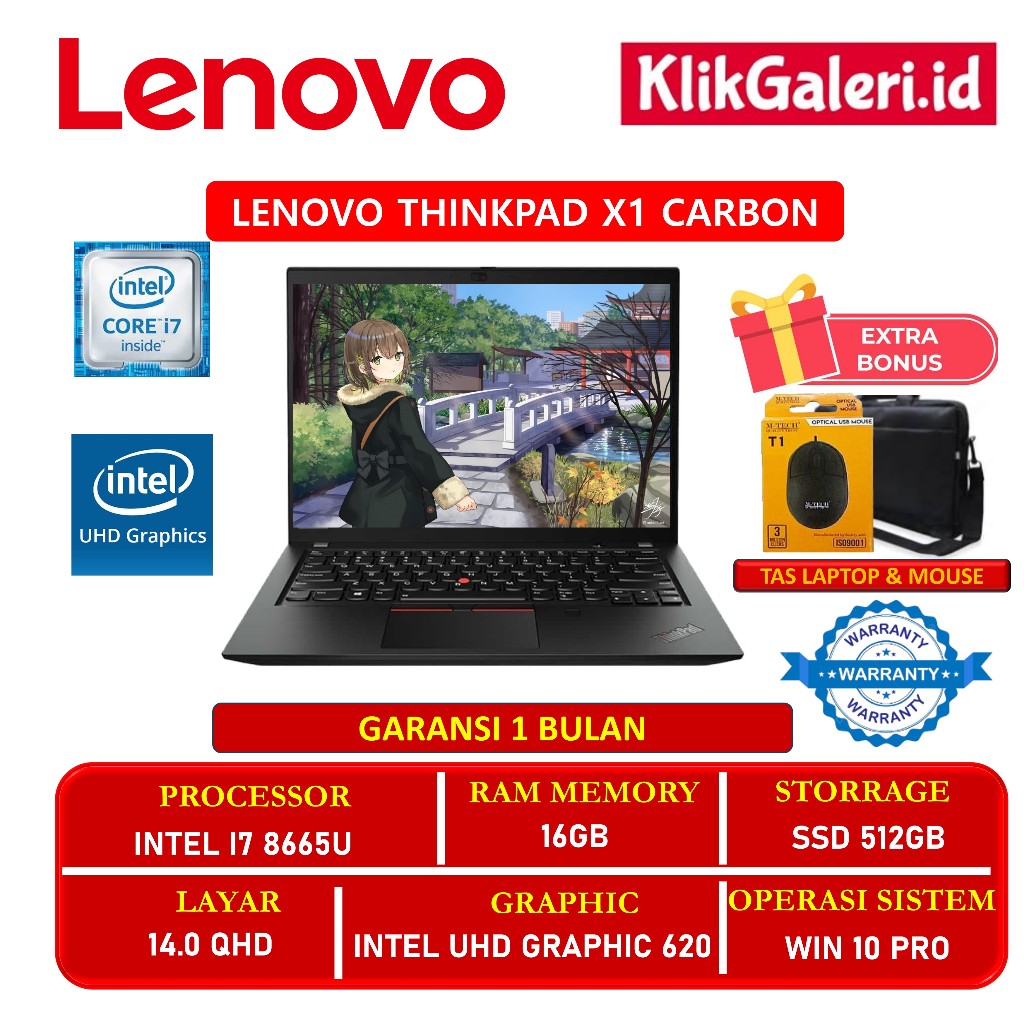 Lenovo ThinkPad X1 Carbon i7 8665U 16GB 512GB SSD 14" QHD Win10 Pro Black Second