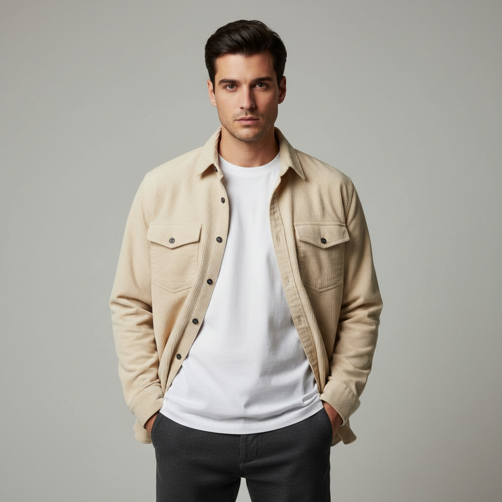 Kemeja Corduroy Pria Premium Lengan Panjang Polos Cream Casual Shirt Outer