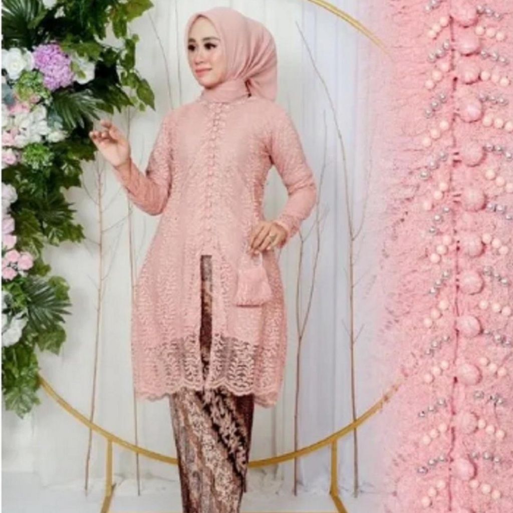 Set Kebaya Tunik Payet Bahan Brokat Full Puring Lengan Panjang Warna Salem