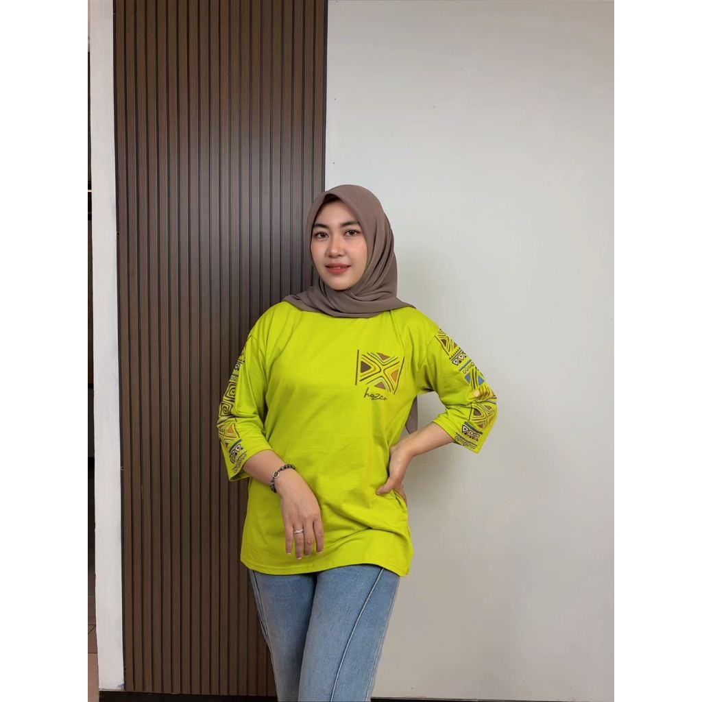 HOZCO ETNIC kaos oversize wanita lengan 7/8 basic