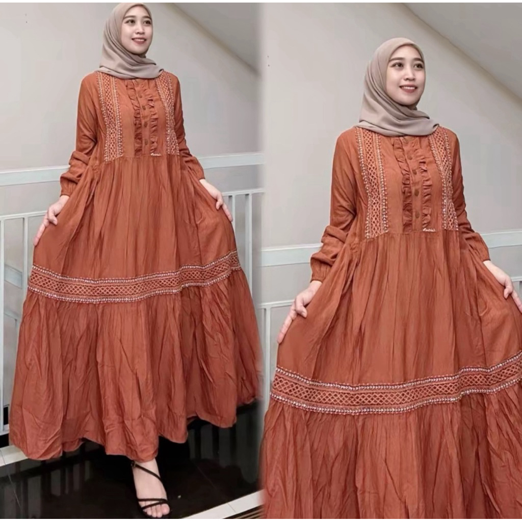 midi dress salvina cringkel dada renda terbaru