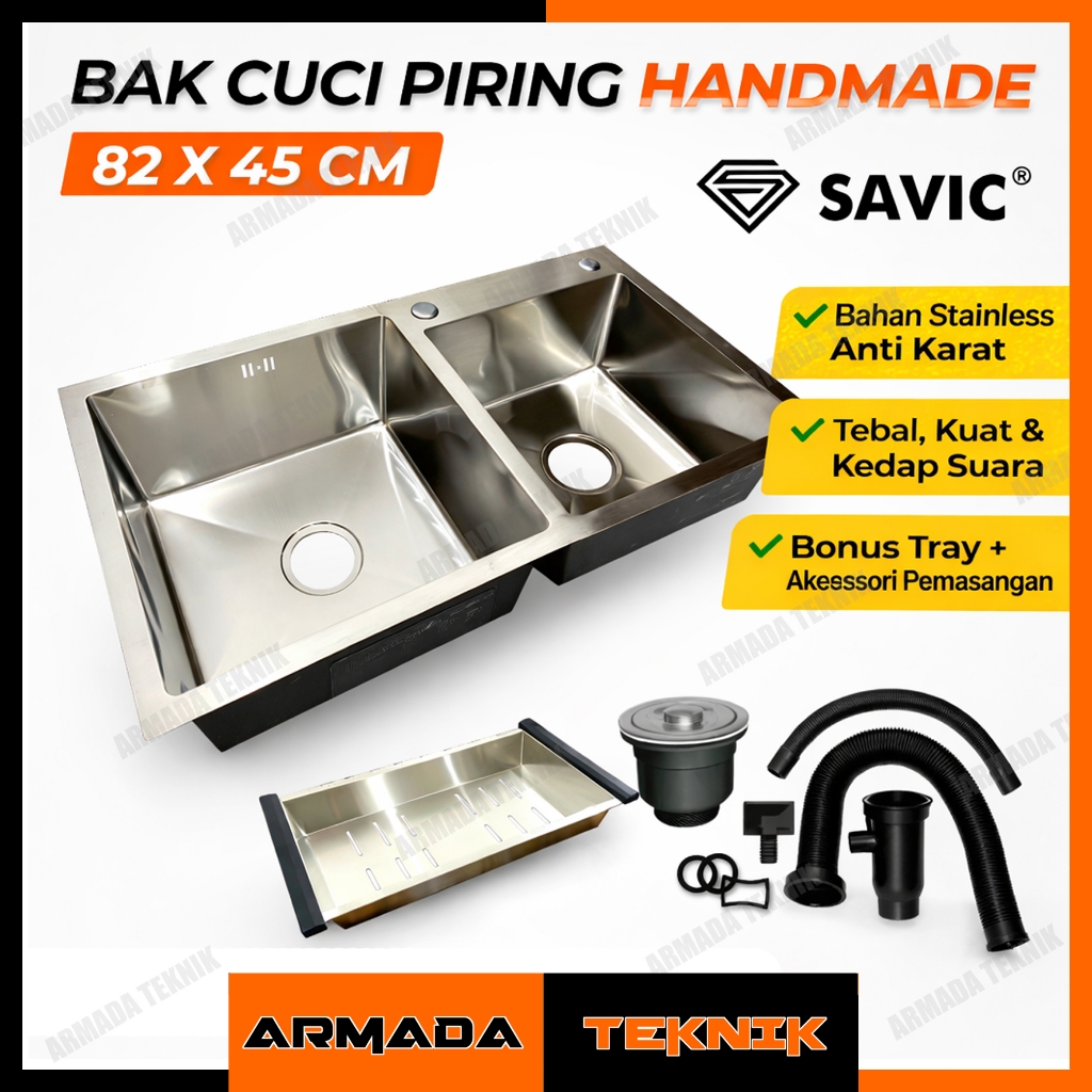 SAVIC Bak Cuci Piring Handmade 82x45 cm SAVIC – Sink Stainless Anti Karat Double Bowl + Aksesoris